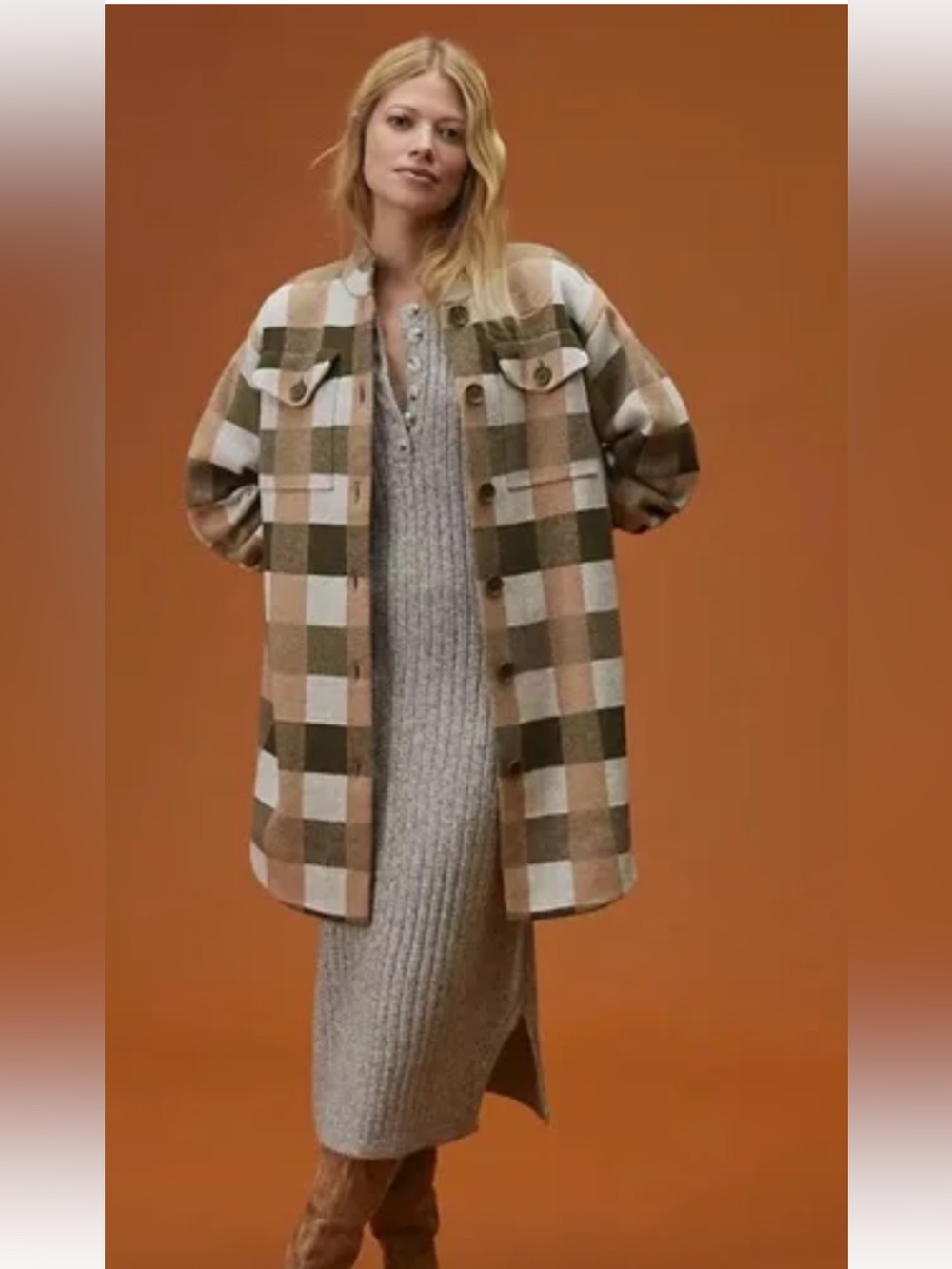 Field Flower  Anthropologie Plaid Oversized Shacket in Beige, Olive & Cream